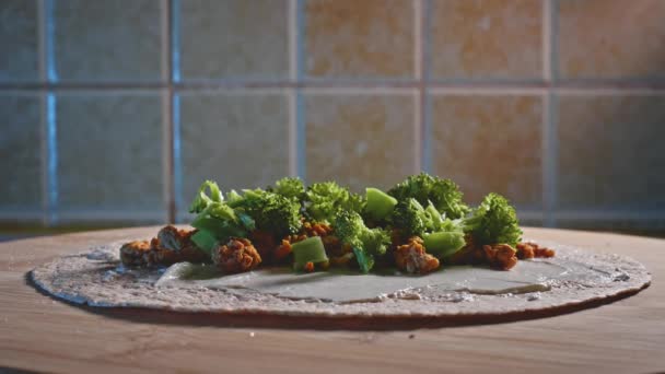 Wrapping Ground Turkey Broccoli Tortilla Wrap Fitness Tortilla Wrap Close — Stock video