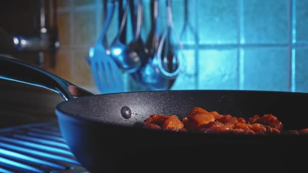 Tavada Pişmiş Tavuk Göğsünün Yakından Görünüşü Düşük Kalorili Yemek Hazırlığı — Stok video