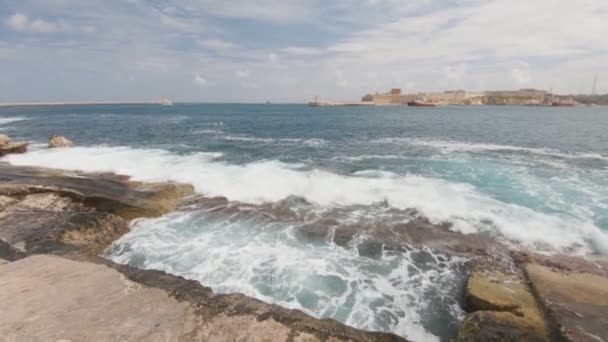 Waves Wash Shores Valletta Malta Slow Motion Footage — Stockvideo