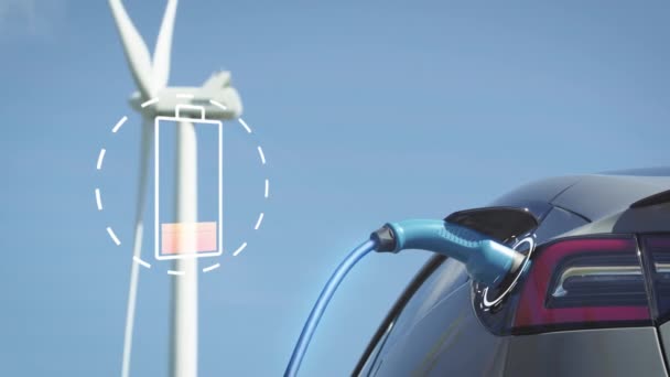 Zoom Animated Enhanced Generic Electric Car Charges Wind Turbine — Vídeo de Stock