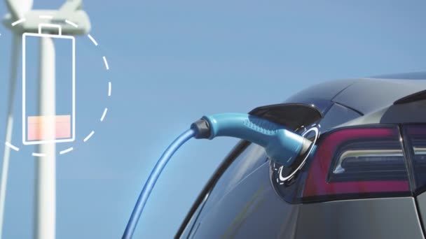 Zoom Out Animated Enhanced Generic Electric Car Charges Wind Turbine — Video