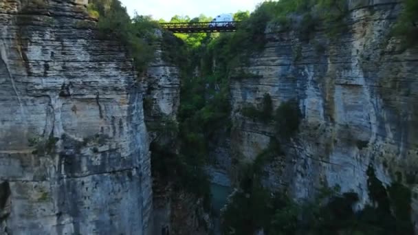 Aerial Zoom Shot Metal Bridge Osum Canyon Albania High Rocky — Video Stock