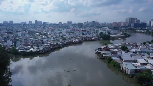 Aerial Fly Shot Urban Canal Reflection High Density Waterfront Housing — Stok video