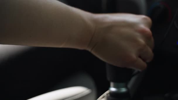 Woman Hand Reaches Frame Shifts Gears Manual Transmission Slow Close — Wideo stockowe