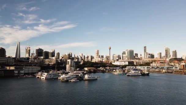 Orbiting Aerial Shot Looking Out Sydney Cbd Johnstons Bay — Stockvideo
