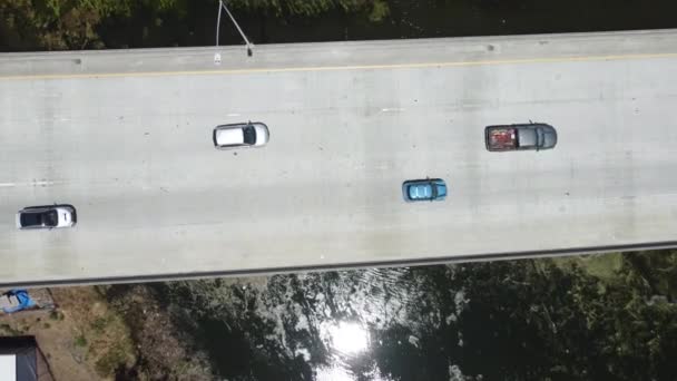 Drone Rising High Bridge While Cars Passing High Speed Clear — стокове відео