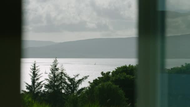 Sailing Window View Two Sailing Boats Shimmering Sound Mull — Vídeo de Stock