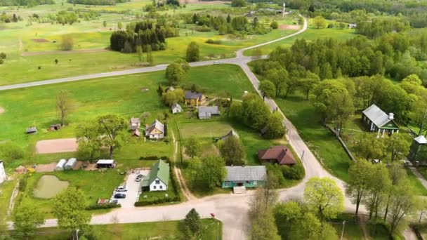 Aerial View Rural Village Countryside Lithuania Homes Farming Land Summer — 비디오