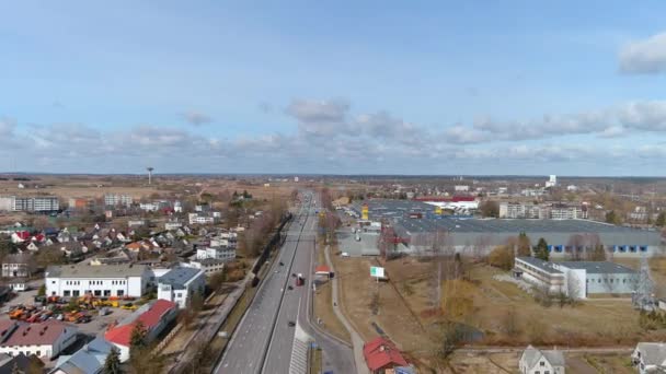 Aerial View Vievis City Lithuania Road Traffic Homes Corporate Warehouse — Video