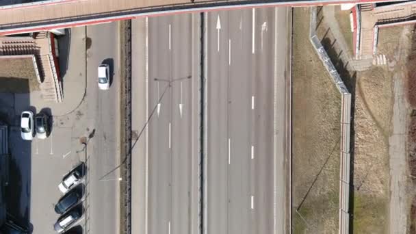 Top Aerial View Highway Traffic Pedestrian Bridge Overpass Sunny Autumn — Video