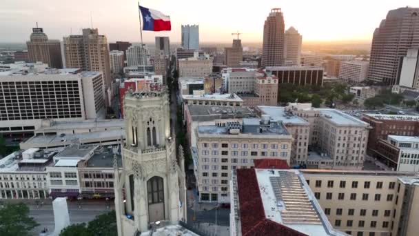 Texas Flag Proudly Flies Downtown San Antonio Aerial Sunset Reveals — Video