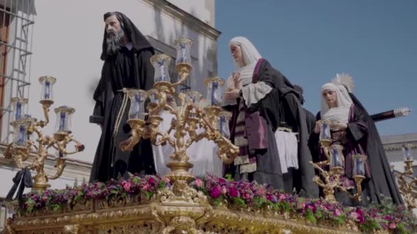 Religious Statues Easter Float Semana Santa Procession Closeup Detail — Stockvideo