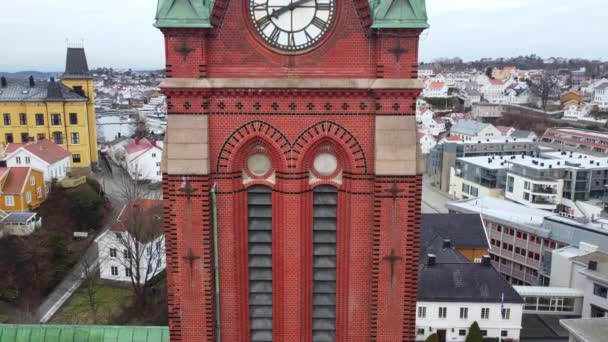 Trinity Church Arendal Norway Closeup Tower Aerial Slowly Moving Upwards — Vídeos de Stock