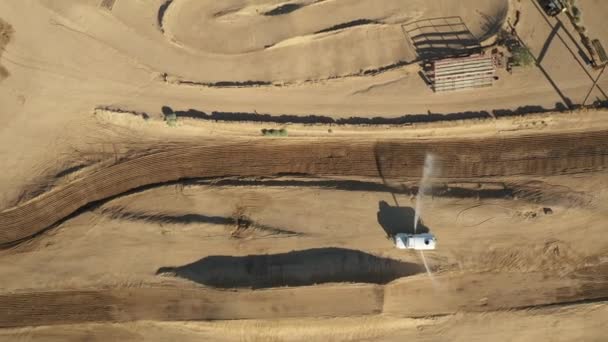 Ascending Motocross Racetrack Water Tank Prepares Track Race Straight Aerial — Stock Video