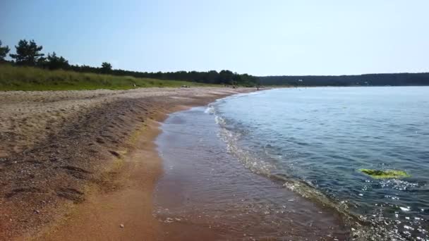 Wide View Beach Water Line Sunny Summer Day Gotland Sweden — Vídeos de Stock