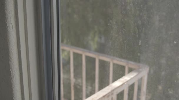 Macro Shot Dirt Window Overlooks Railing Balcony Home Interior — Αρχείο Βίντεο