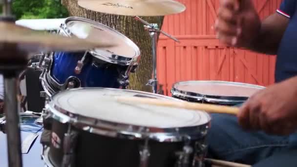 Side View Handheld Shot African American Drummer Playing Outdoor Summer — Stock videók