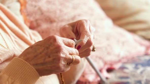 Стара Жінка Яжеться Своїй Вітальні Отримуючи Сонячне Світло Рожевою Подушкою — стокове відео