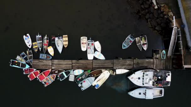 Drone Shot Docks Small Boats Lobster Fishing Boat Leaking Oil — Stock videók