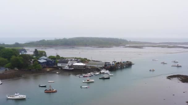 Geweldige Drone Shot Van Jachthaven Aan Kust Met Kreeft Vissersboten — Stockvideo