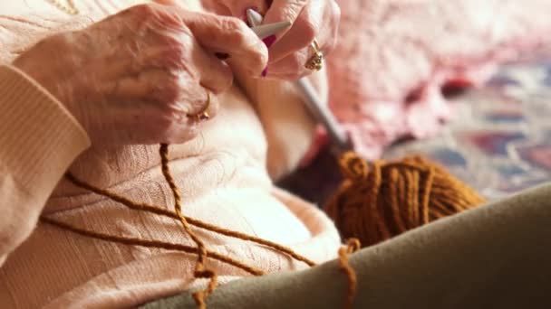 Grandmother Knitting Camera Moves Ball Wool Her Hands Working — Stockvideo