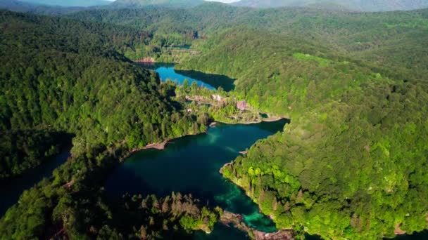 Flygfoto Över Plitvicesjöarnas Nationalpark Kroatien Lugnt Landskap Soliga Sommardagen — Stockvideo