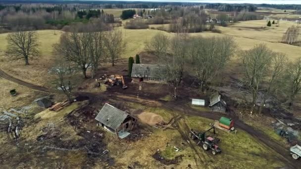 Excavator Working Old House Countryside Aerial — Vídeo de Stock