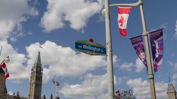 Wellington Street Sign Center Block Tower Canadian Parliament Background Sunny — Vídeo de Stock
