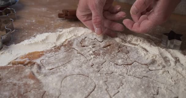 Baker Hands Removing Extra Dough Freshly Shaped Cut Gingerbread Slow — 비디오