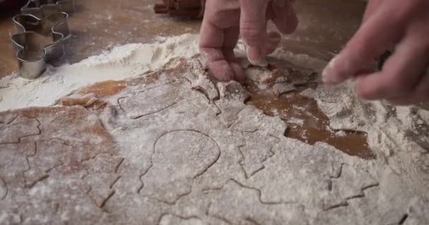 Homemade Baker Taking Gingerbread Freshly Cut Shapes Dough Slow — Stock Video