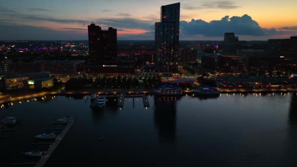 Baltimore Inner Harbor City Skyline Lights Sunset Peaceful Aerial Truck — Video