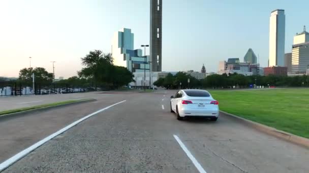 Rear View Trunk Tesla Model Aerial Tracking Shot American City — Stok video