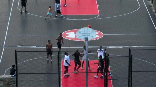 African American Black Youth Play Basketball Inner City Aerial View — стокове відео