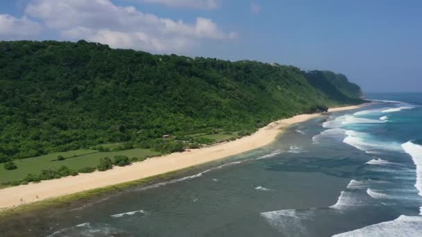 Wide Aerial Uluwatu Bali Coastline Sunny Day Waves Crashing Beach — Vídeo de stock