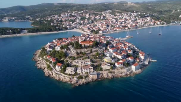Aerial View Primosten Croatia Cute Croatian Island Connected Mainland Sea — Stock Video