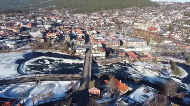 Kongsberg City Center Aerial View Beautiful Winter Morning Numedalslagen River — Stockvideo