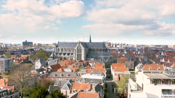 Aerial Shot Flying High Historical City Centre Leiden Netherlands Pieterskerk — Stockvideo