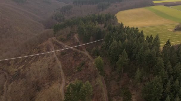 Long Suspension Bridge Ending Rural Farmland Meets Mixed Forest Cloudy — 비디오