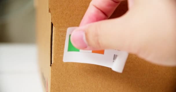 Hands Applying Made Ireland Flag Label Shipping Cardboard Box Products — Video Stock