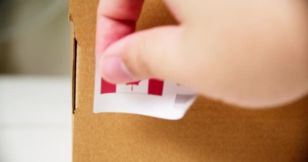 Hands Applying Made Canada Flag Label Shipping Cardboard Box Products — Vídeo de Stock