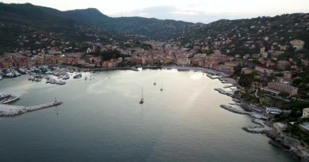Gorgeous Coastal Town Marina Riviera Levante Italy Aerial Arc — Stockvideo
