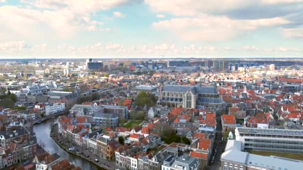 Aerial Shot Ancient City Leiden Netherlands Flying Famous Rapenburg Canal — Stockvideo