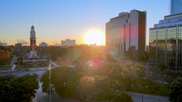 Sunrise Drone Descent San Martin Plaza Torre Monumental View — Wideo stockowe