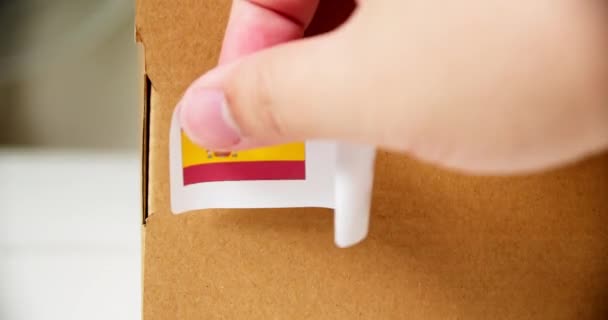 Hands Applying Made Spain Flag Label Shipping Cardboard Box Products — ストック動画