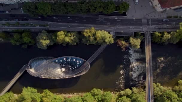 Famous Artificial Floating Island Platform Top Aerial View River Mur — Stock Video