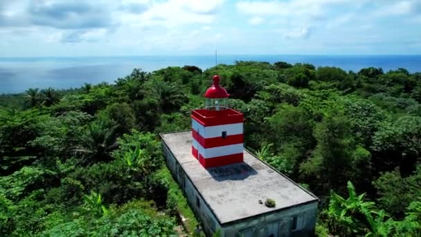 Circling Amazing View Light House Ilheu Das Rolas Middle Forest — Vídeos de Stock