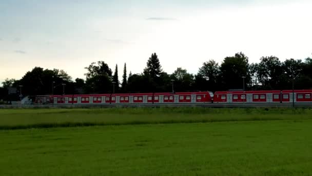 Drone Tracks Commuter Train Rural Stop Munich Aerial View Flying — Video