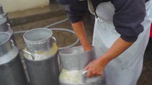 Worker Cleaning Milk Buckets Food Factory Pasteurization Tank Dairy Products — ストック動画