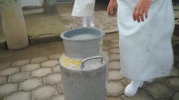 Εργαζόμενοι Μεταφέρουν Κουβάδες Γάλα Και Περπατούν Στην Ύπαιθρο Γαλατίνα Γαλακτοκομικά — Αρχείο Βίντεο