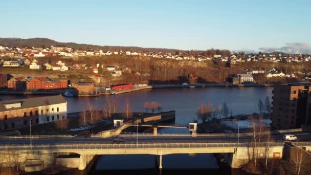 Damfoss Klostergata Bridge Smieoya Klosteroya Islands Skien Norway Sunset Evening — Stock Video